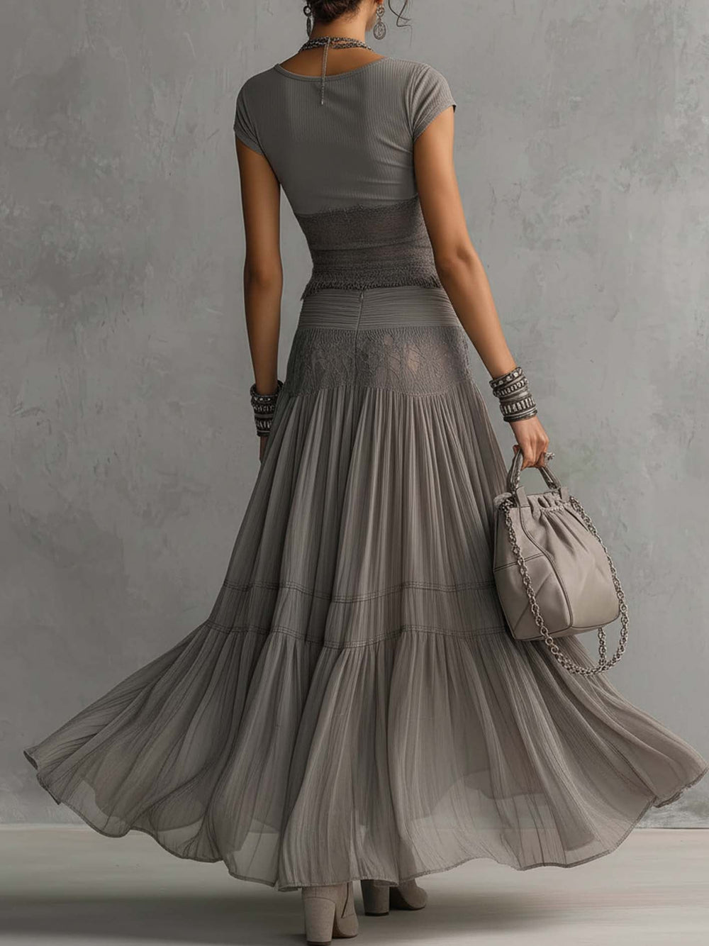 Patricia | Lace Panel Top and Pleated Maxi Skirt Set