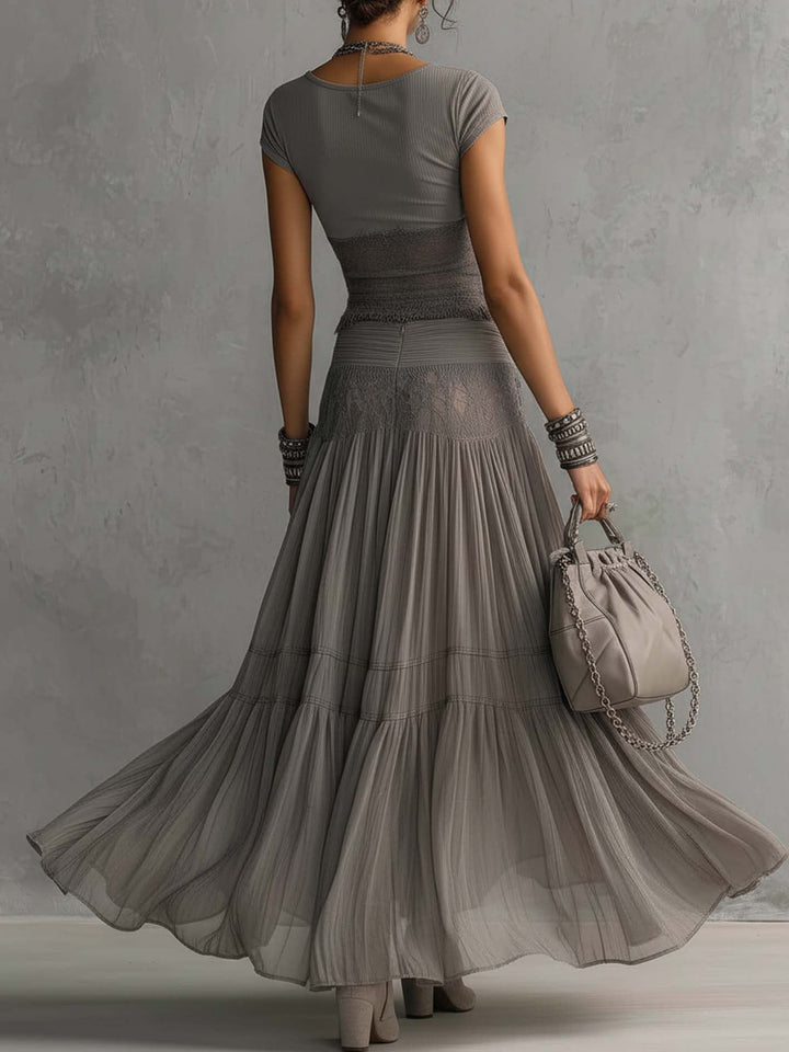 Patricia | Lace Panel Top and Pleated Maxi Skirt Set