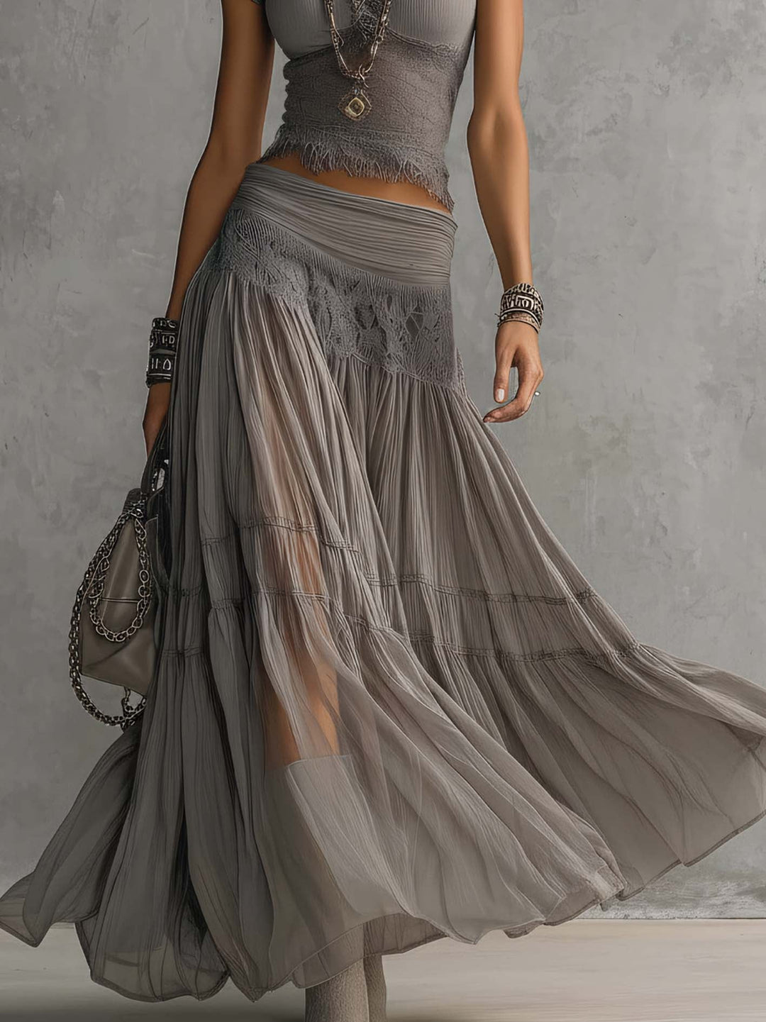 Patricia | Lace Panel Top and Pleated Maxi Skirt Set