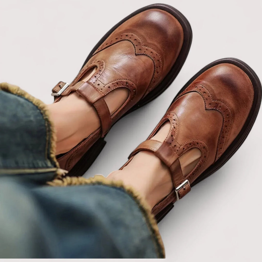 Classic Retro Mary Jane Shoes with Brogue Detail and T-Bar Strap
