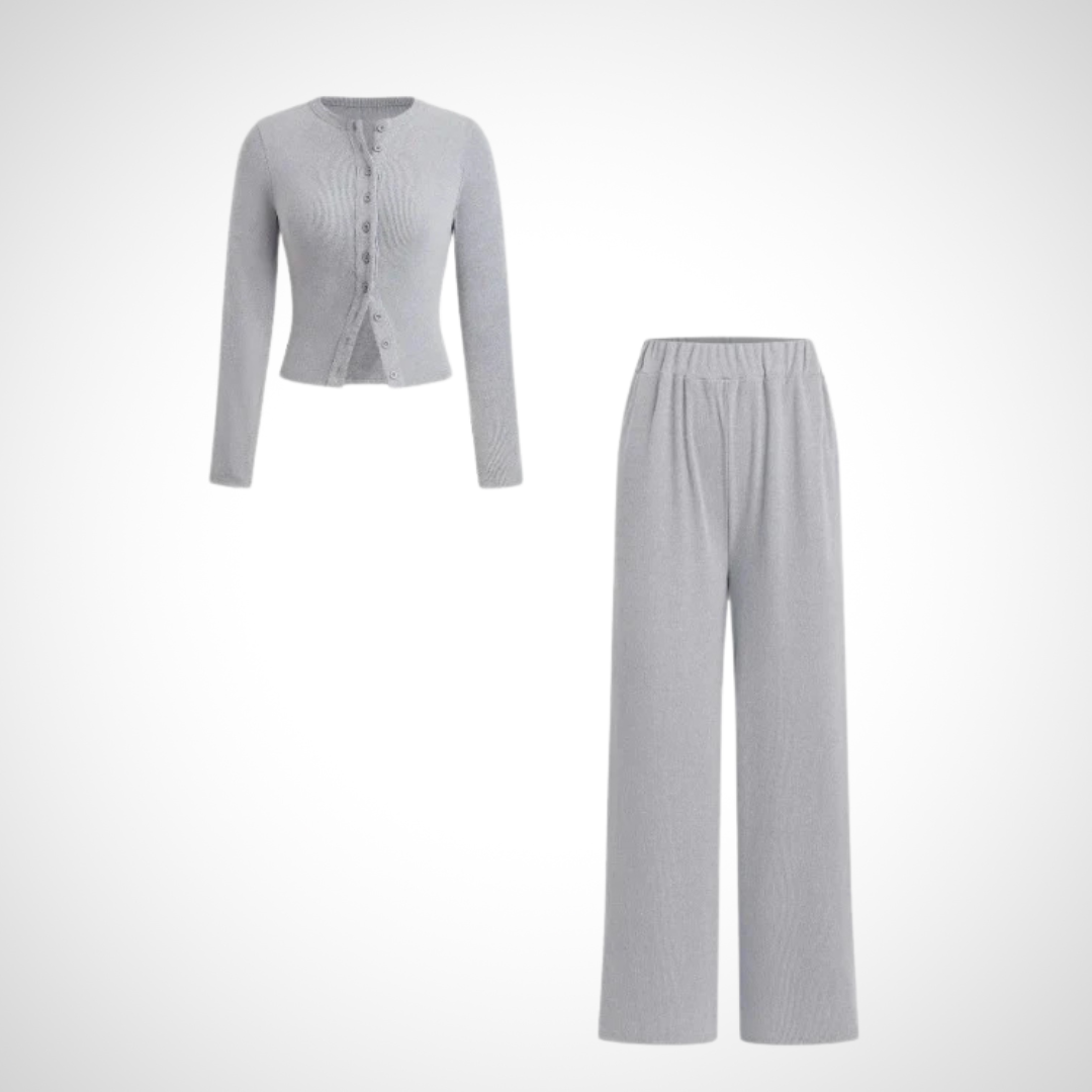 COLY™ - Comfy Button Front Long Sleeve Top and Pants Set