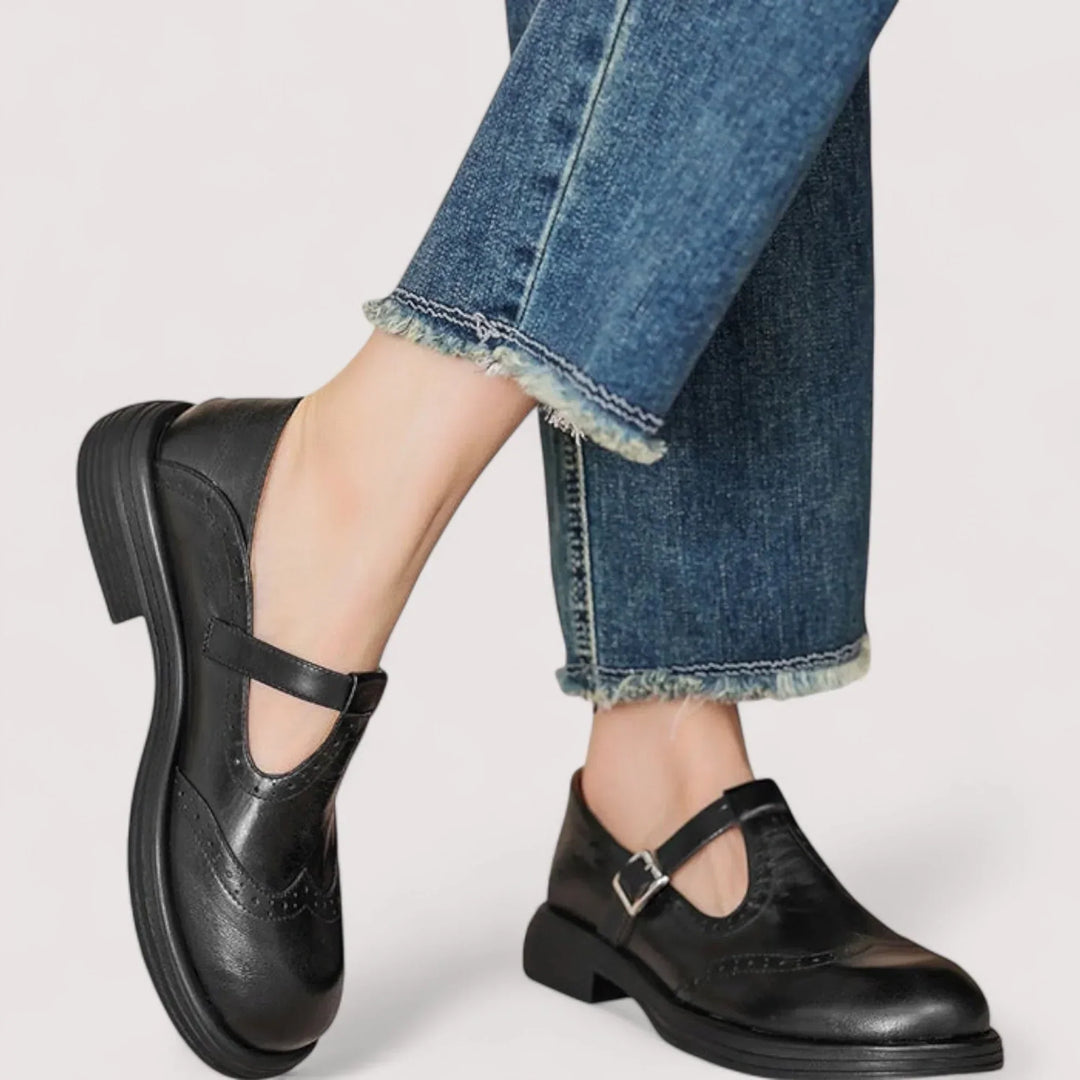 Classic Retro Mary Jane Shoes with Brogue Detail and T-Bar Strap