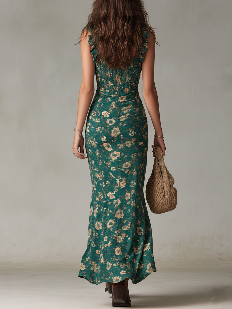 Shirley | Boho Retro Ruffled Sleeve High Slit Maxi Dress