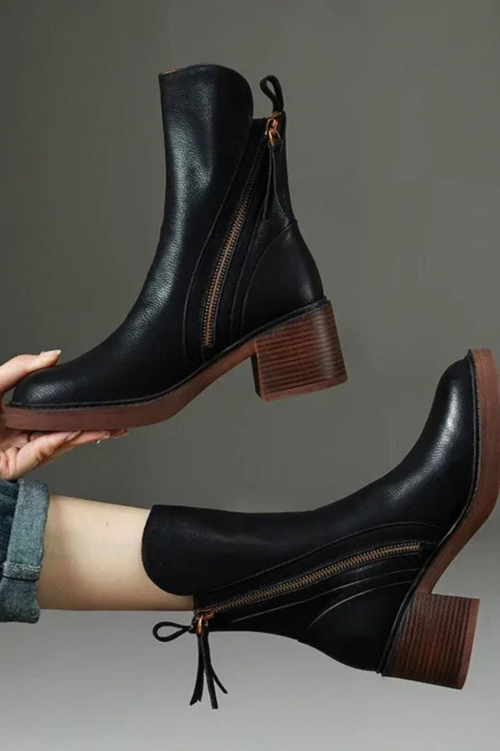 Black Leather Ankle Boots with Block Heel and Gold Zip