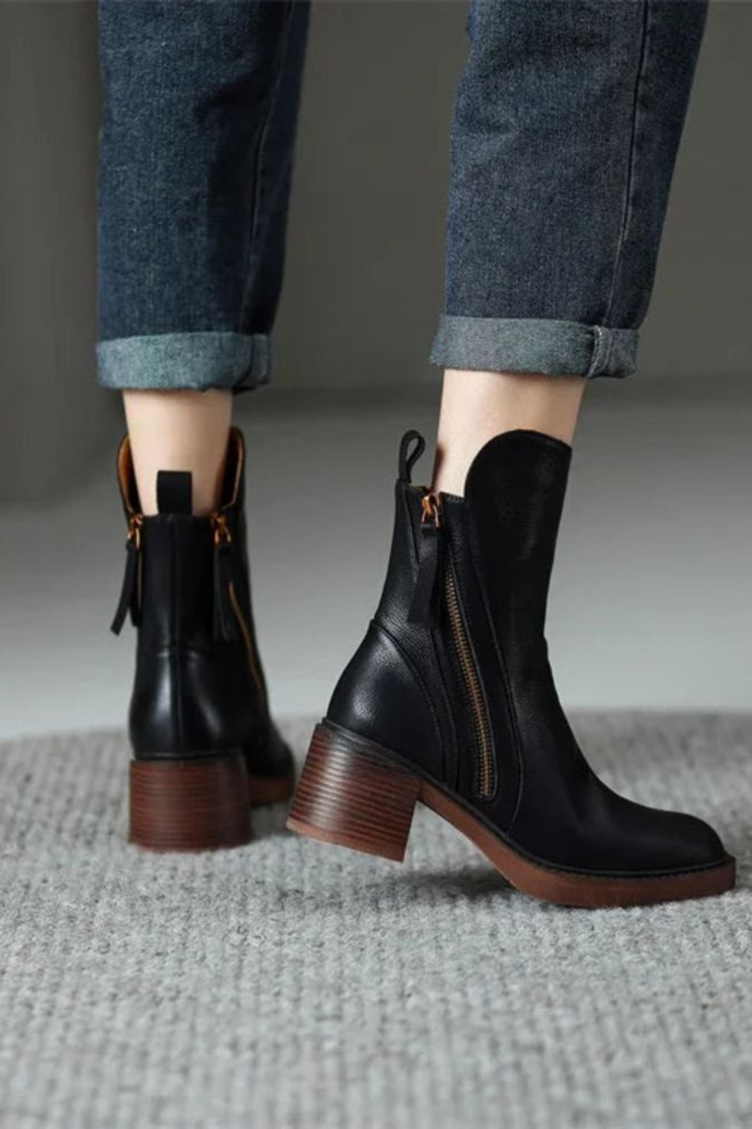Black Leather Ankle Boots with Block Heel and Gold Zip