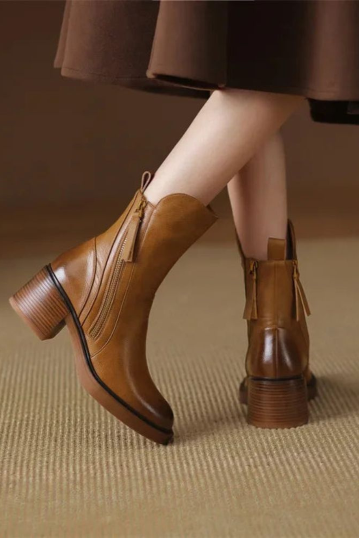 Black Leather Ankle Boots with Block Heel and Gold Zip