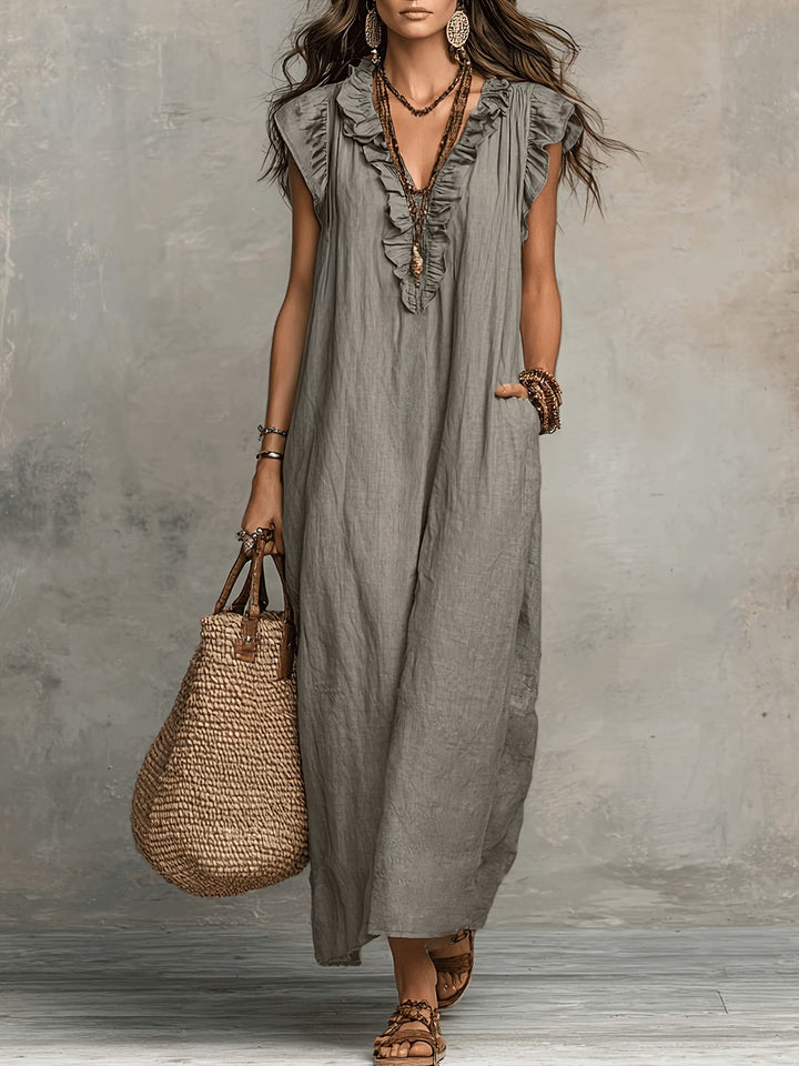 Breezy Linen Maxi Dress with Ruffle V-Neckline and Pockets