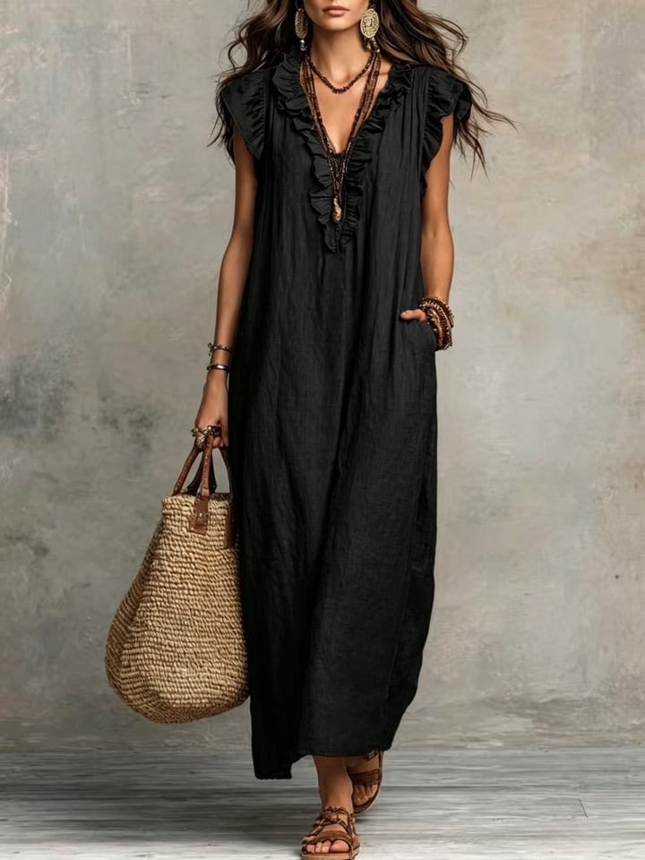 Breezy Linen Maxi Dress with Ruffle V-Neckline and Pockets