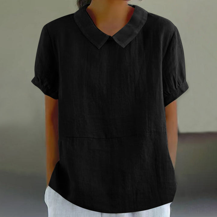Casual Linen Blouse with Peter Pan Collar and Short Sleeves