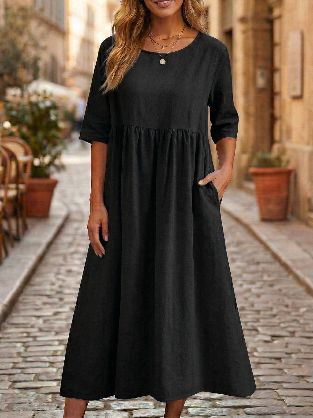 Casual Linen Midi Dress with Gathered Waist and Pockets
