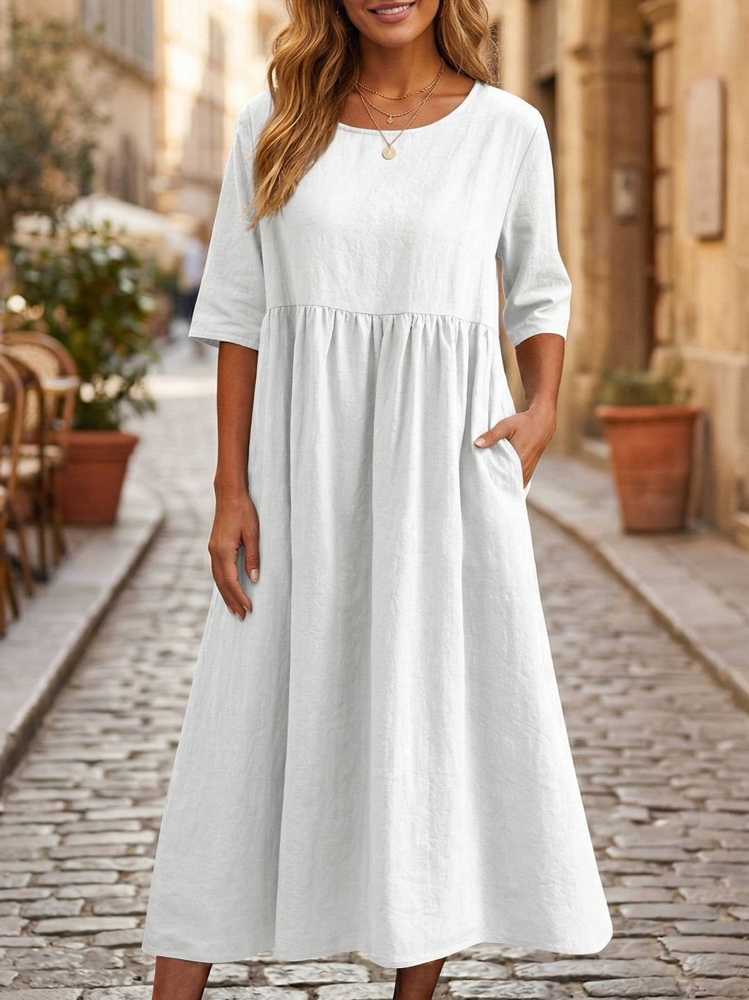 Casual Linen Midi Dress with Gathered Waist and Pockets