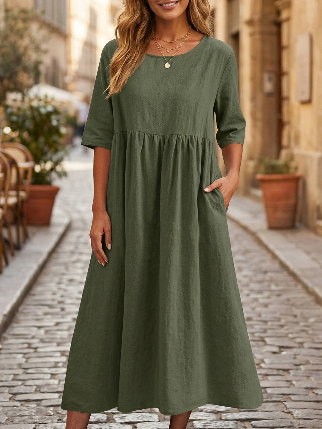 Casual Linen Midi Dress with Gathered Waist and Pockets