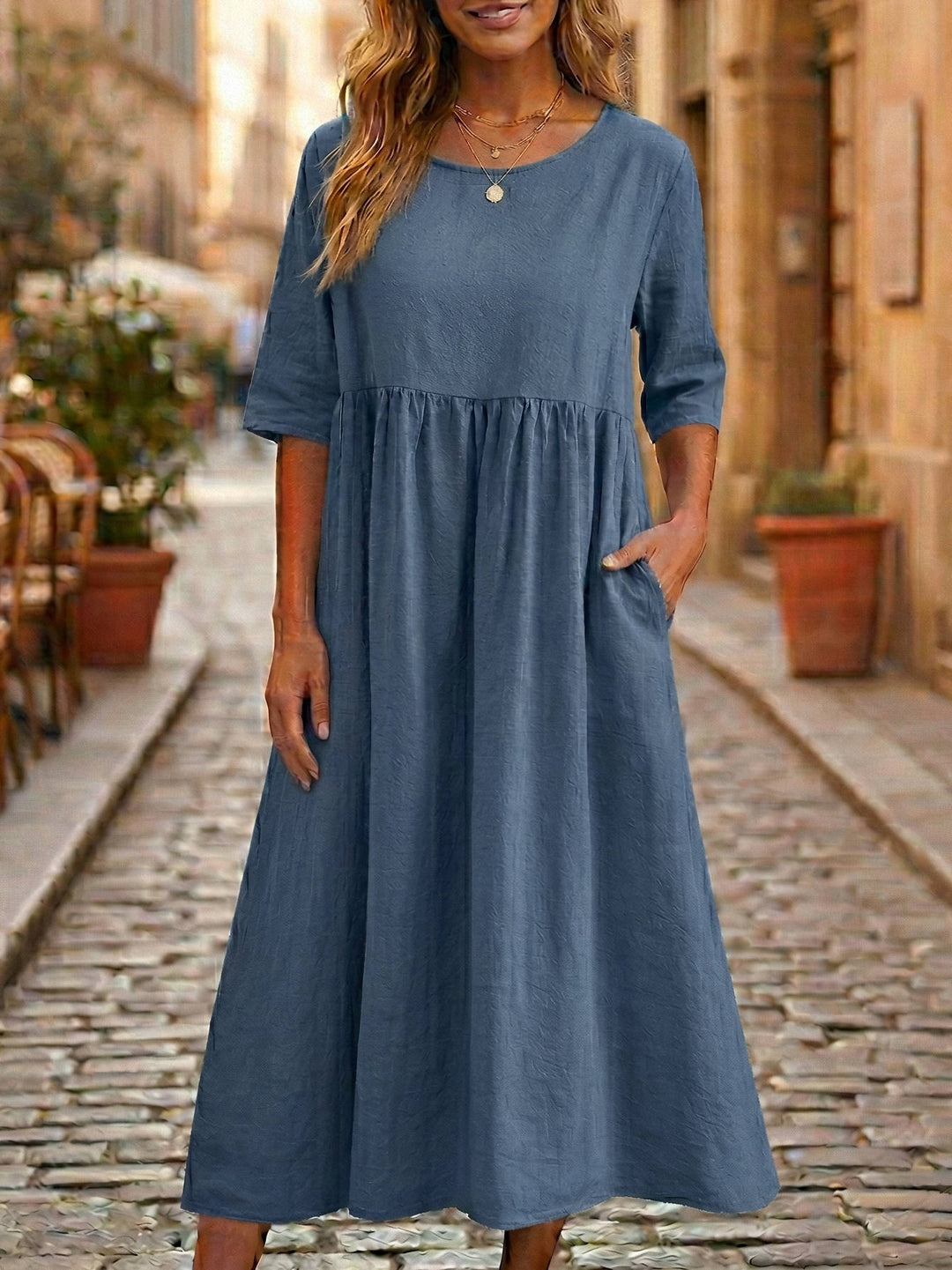 Casual Linen Midi Dress with Gathered Waist and Pockets