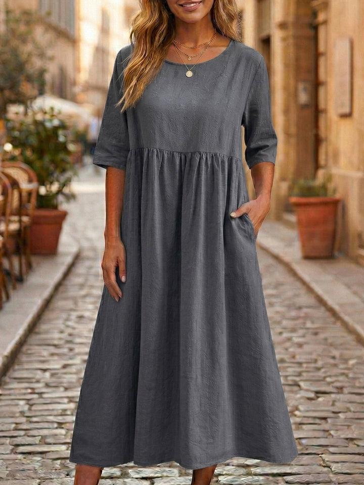 Casual Linen Midi Dress with Gathered Waist and Pockets