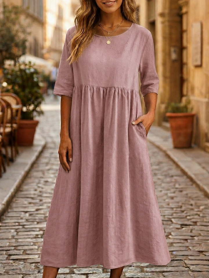 Casual Linen Midi Dress with Gathered Waist and Pockets