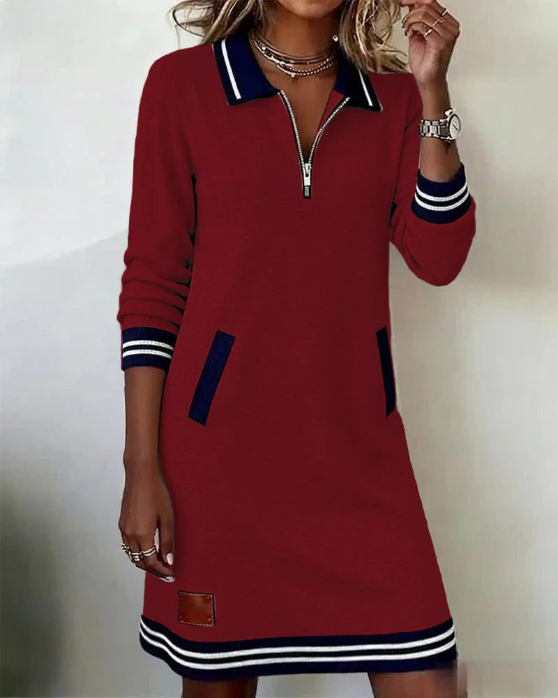 Casual Sweatshirt Mini Dress with Contrast Trim and Zip Collar