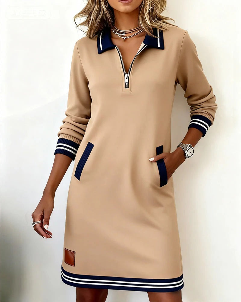 Casual Sweatshirt Mini Dress with Contrast Trim and Zip Collar