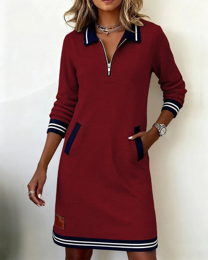 Casual Sweatshirt Mini Dress with Contrast Trim and Zip Collar
