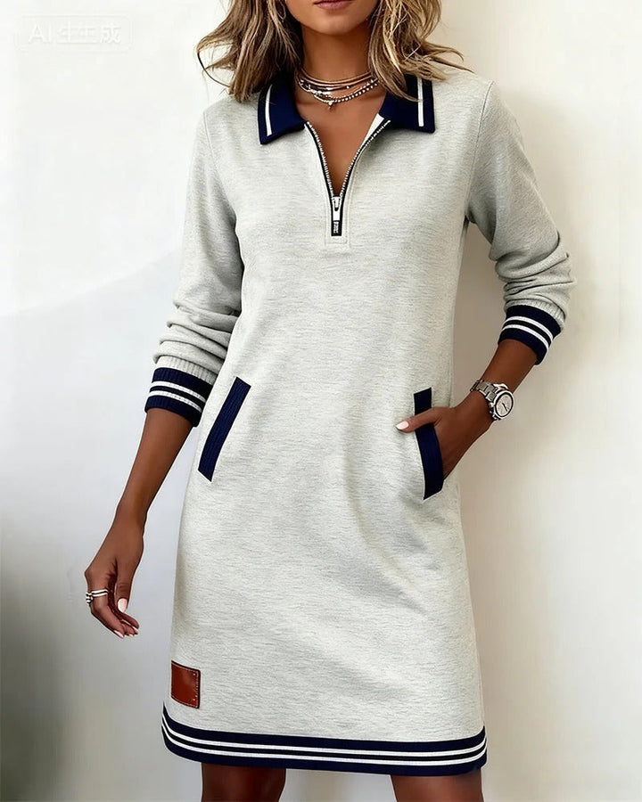 Casual Sweatshirt Mini Dress with Contrast Trim and Zip Collar
