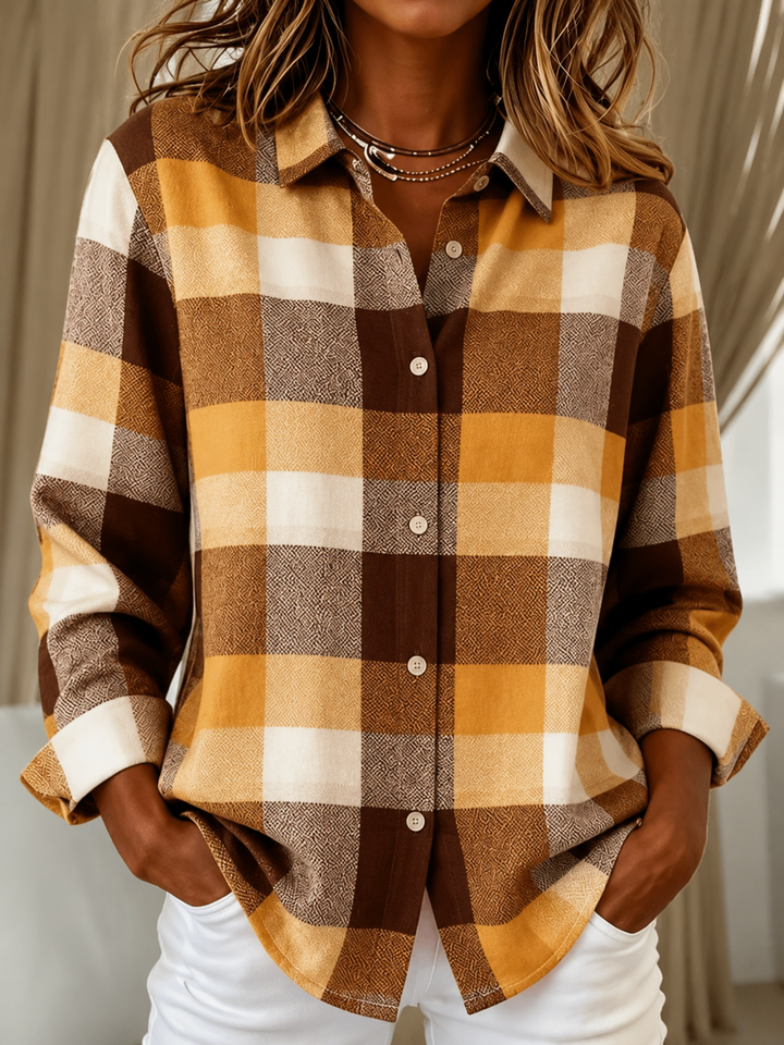 Check Knit Cardigan with Shirt Collar and Button Front