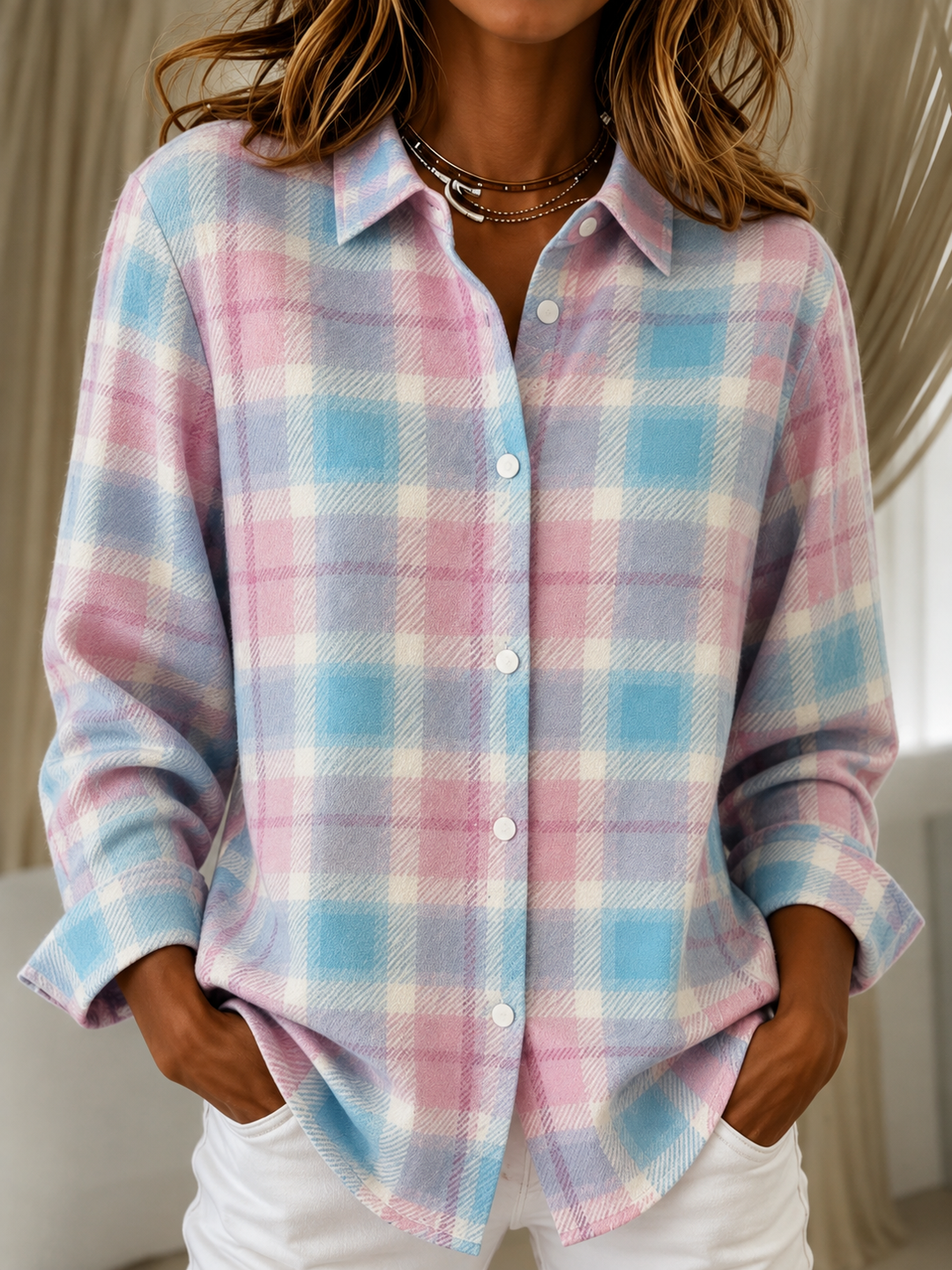 Check Knit Cardigan with Shirt Collar and Button Front