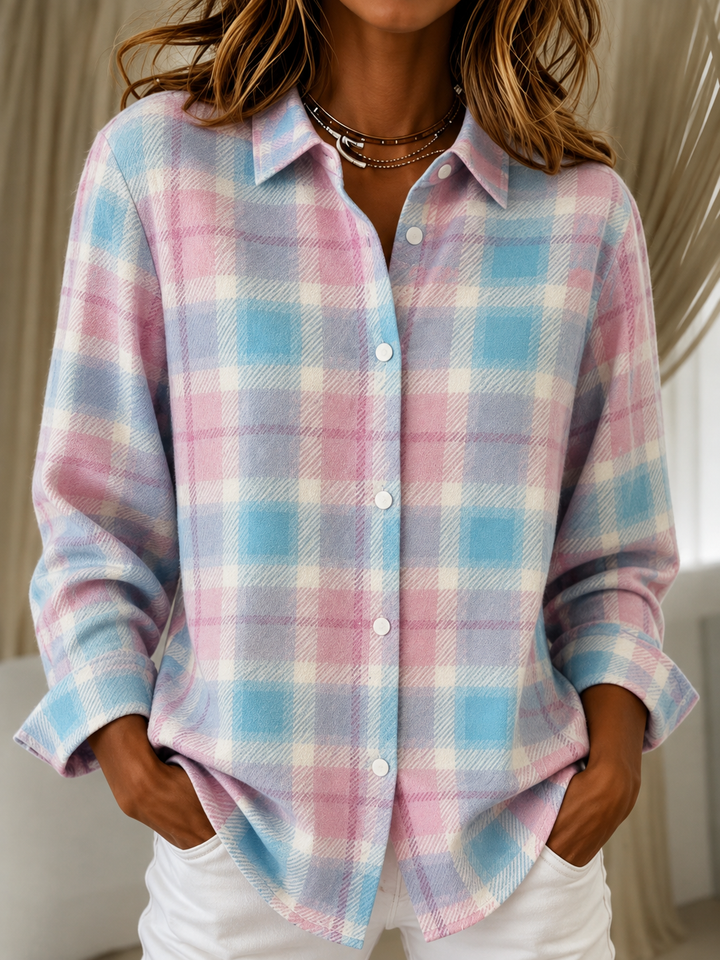 Check Knit Cardigan with Shirt Collar and Button Front