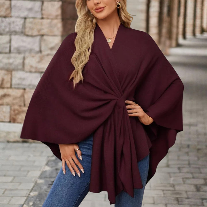 Chic Wrap Knot Poncho with V-Neckline and Wide Sleeves