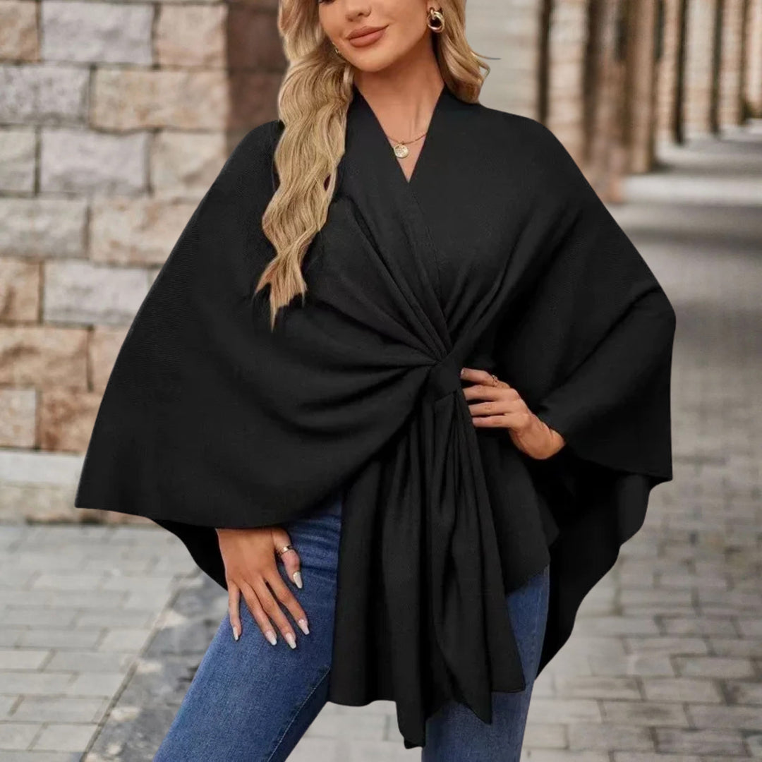 Chic Wrap Knot Poncho with V-Neckline and Wide Sleeves