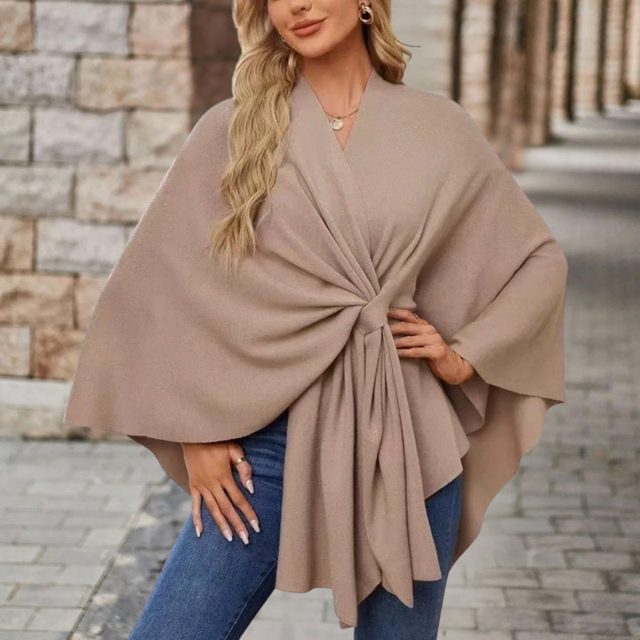 Chic Wrap Knot Poncho with V-Neckline and Wide Sleeves