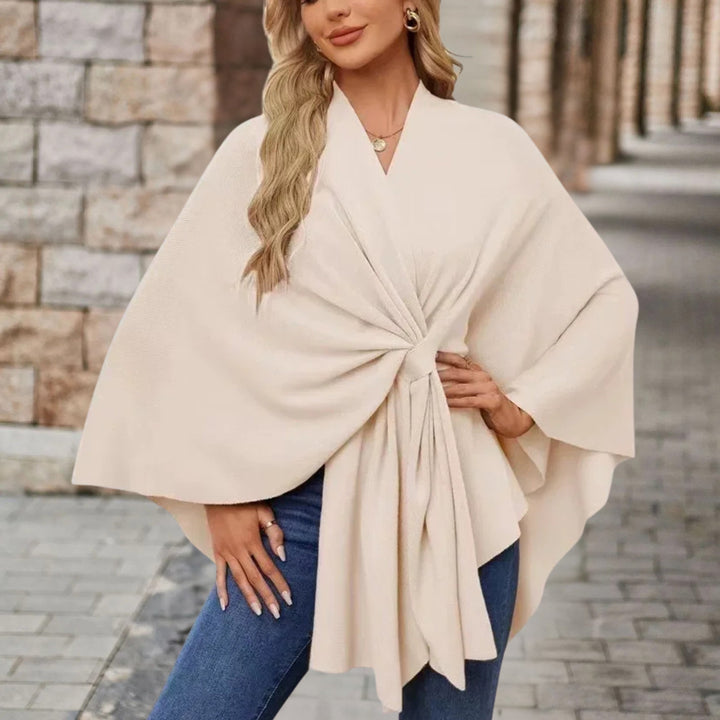 Chic Wrap Knot Poncho with V-Neckline and Wide Sleeves