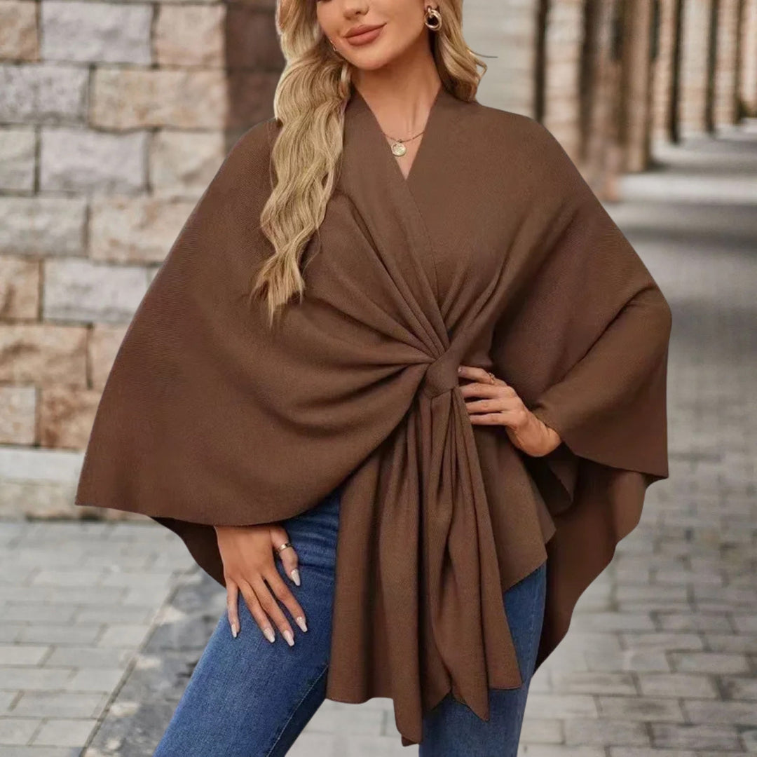 Chic Wrap Knot Poncho with V-Neckline and Wide Sleeves