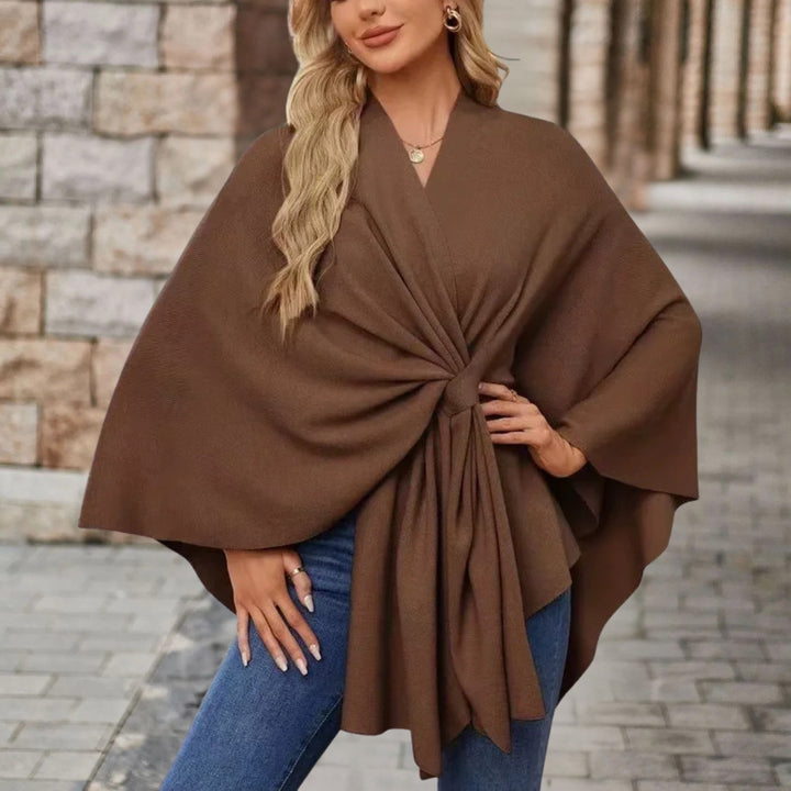 Chic Wrap Knot Poncho with V-Neckline and Wide Sleeves