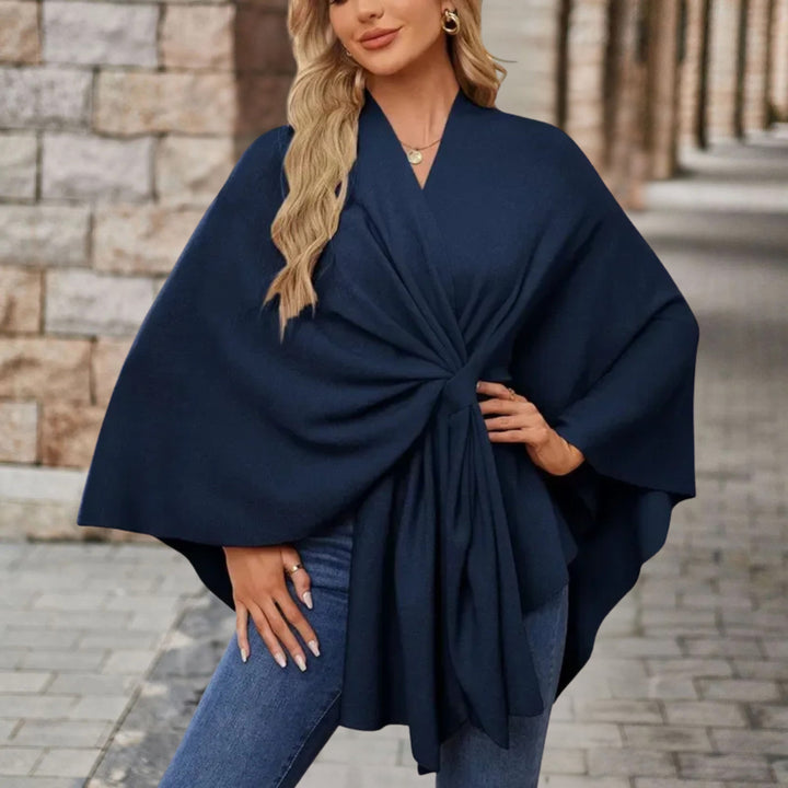 Chic Wrap Knot Poncho with V-Neckline and Wide Sleeves