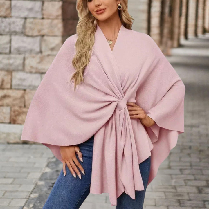 Chic Wrap Knot Poncho with V-Neckline and Wide Sleeves