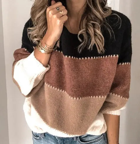 Colour Block Knit Sweater with Contrast Stitch Detail