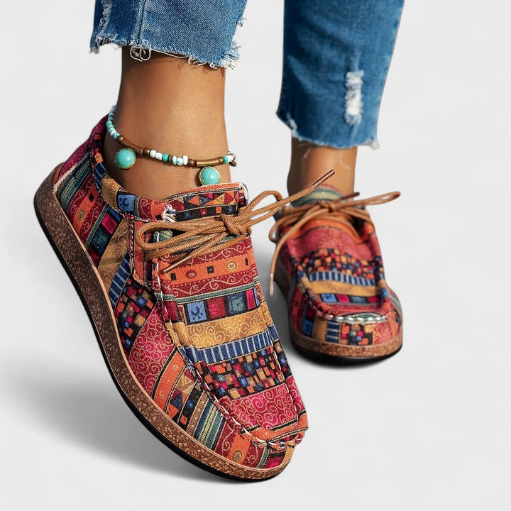 Colourful Boho Patchwork Print Lace Up Sneakers with Flat Sole