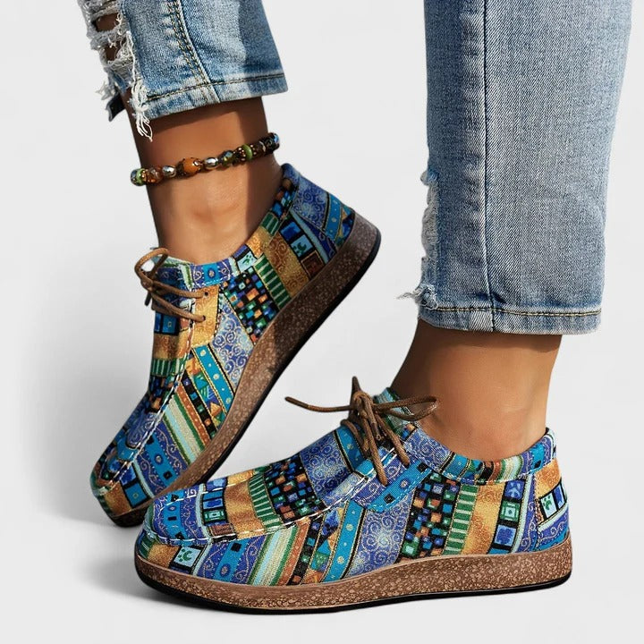 Colourful Boho Patchwork Print Lace Up Sneakers with Flat Sole
