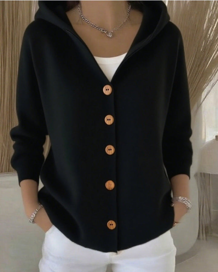 Cosy Hooded Knit Cardigan with Wood-Tone Buttons