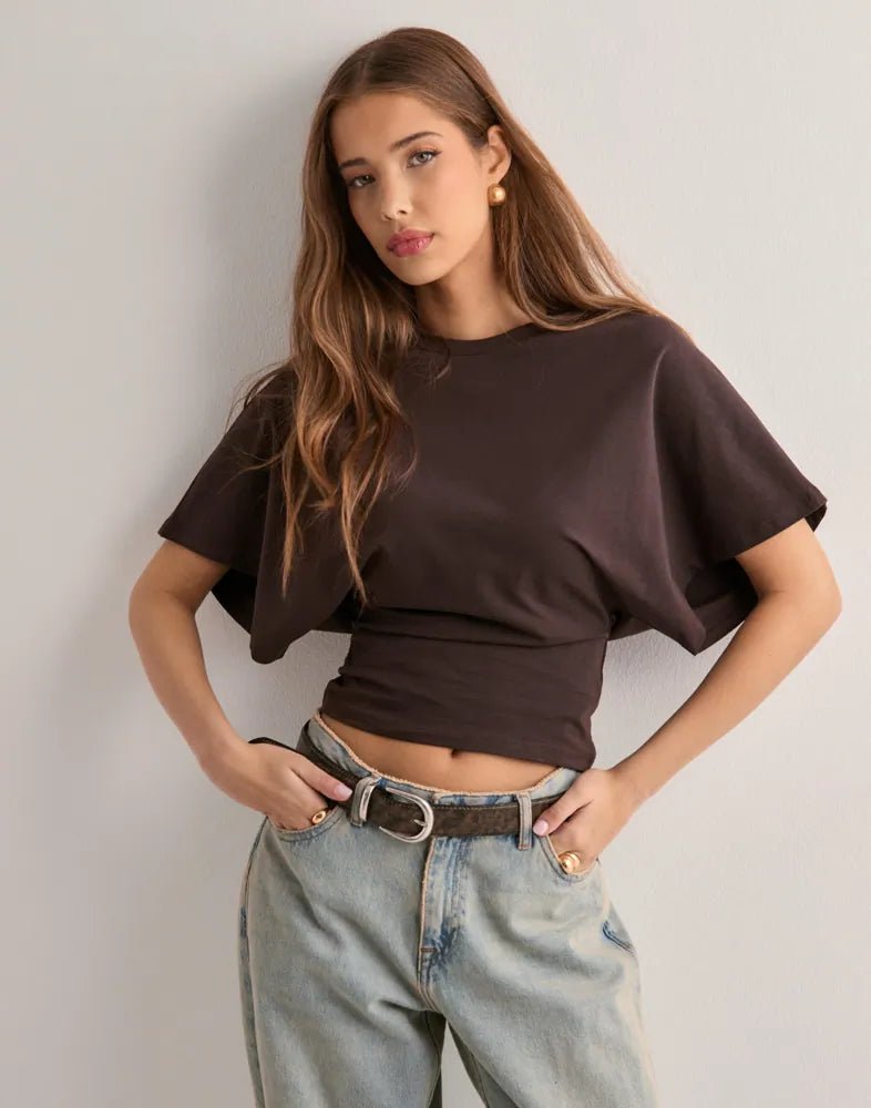 Cropped Top with Wide Cape Sleeves and Fitted Waist