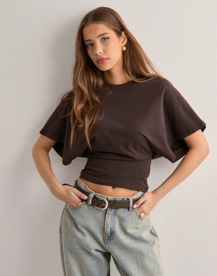Cropped Top with Wide Cape Sleeves and Fitted Waist