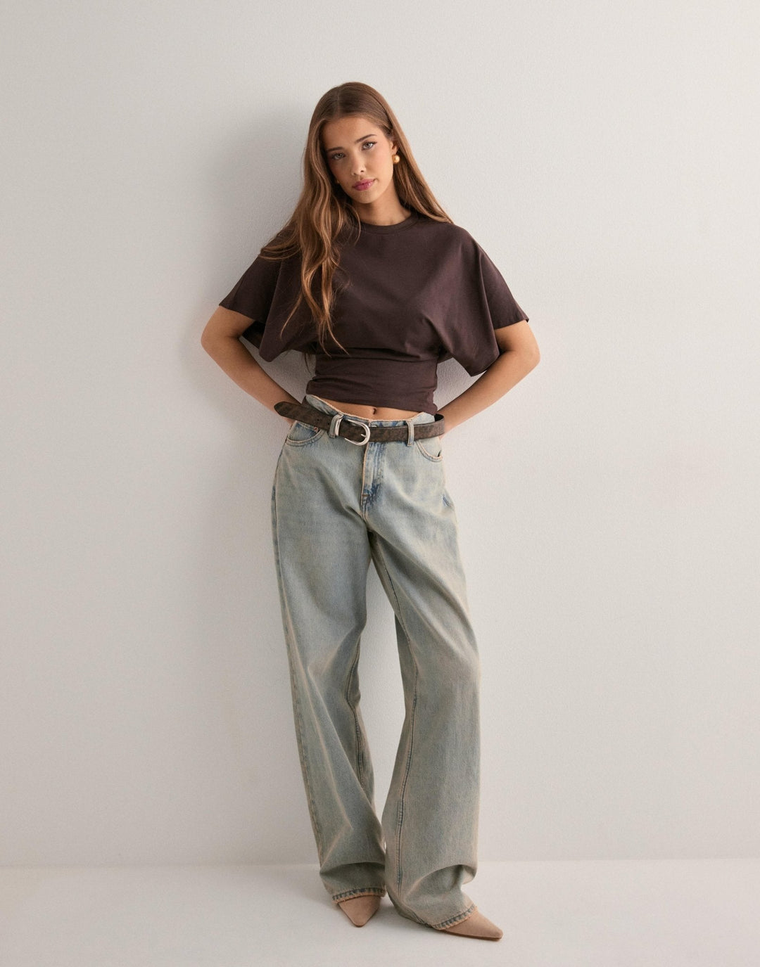 Cropped Top with Wide Cape Sleeves and Fitted Waist