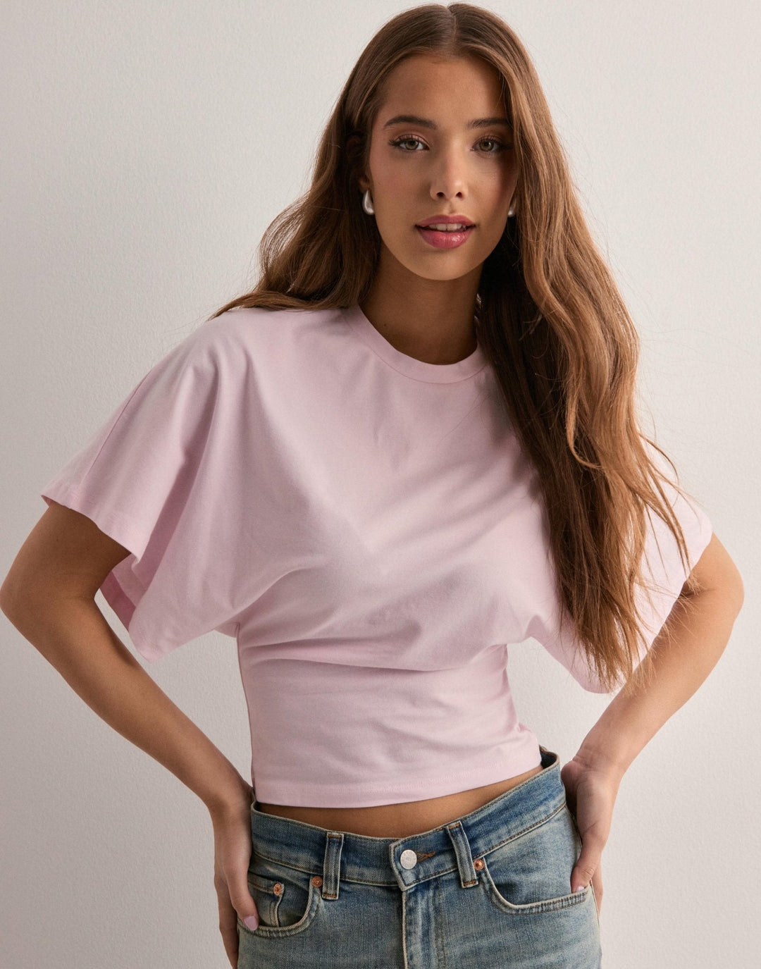 Cropped Top with Wide Cape Sleeves and Fitted Waist