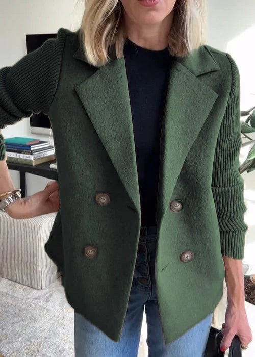 Double Breasted Blazer with Ribbed Knit Sleeves