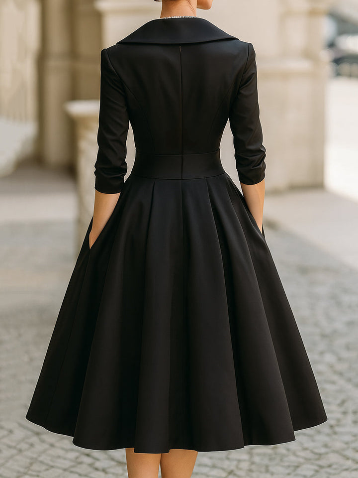 Elegant A-Line Midi Dress with Wrap Bodice and Full Skirt