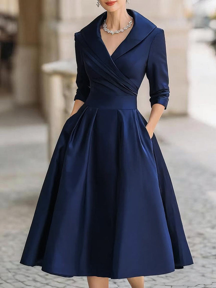 Elegant A-Line Midi Dress with Wrap Bodice and Full Skirt