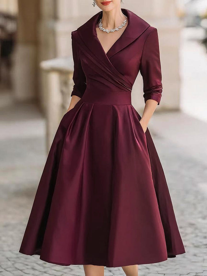 Elegant A-Line Midi Dress with Wrap Bodice and Full Skirt
