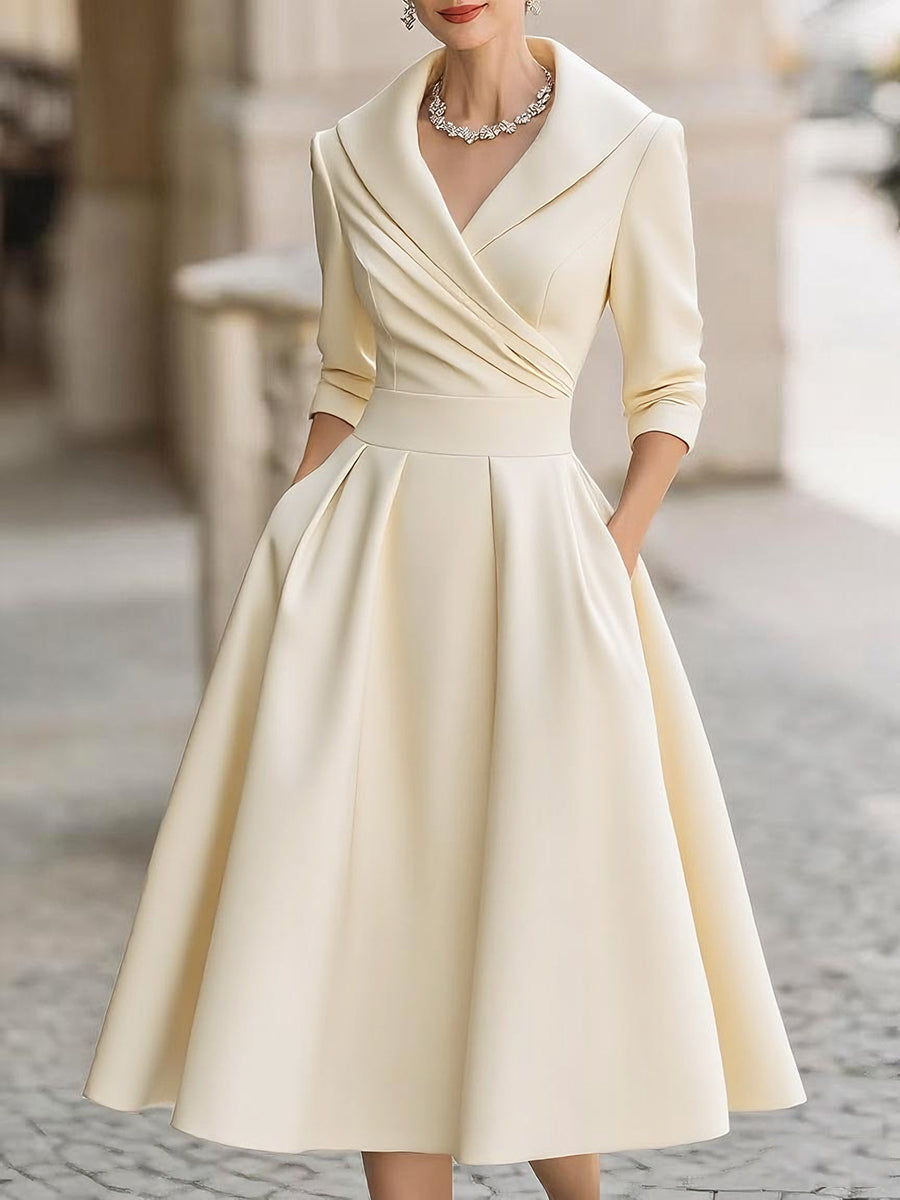 Elegant A-Line Midi Dress with Wrap Bodice and Full Skirt
