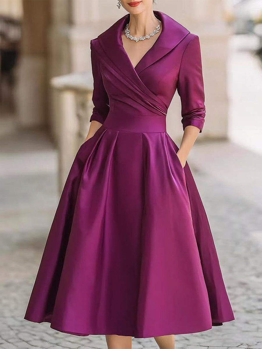 Elegant A-Line Midi Dress with Wrap Bodice and Full Skirt