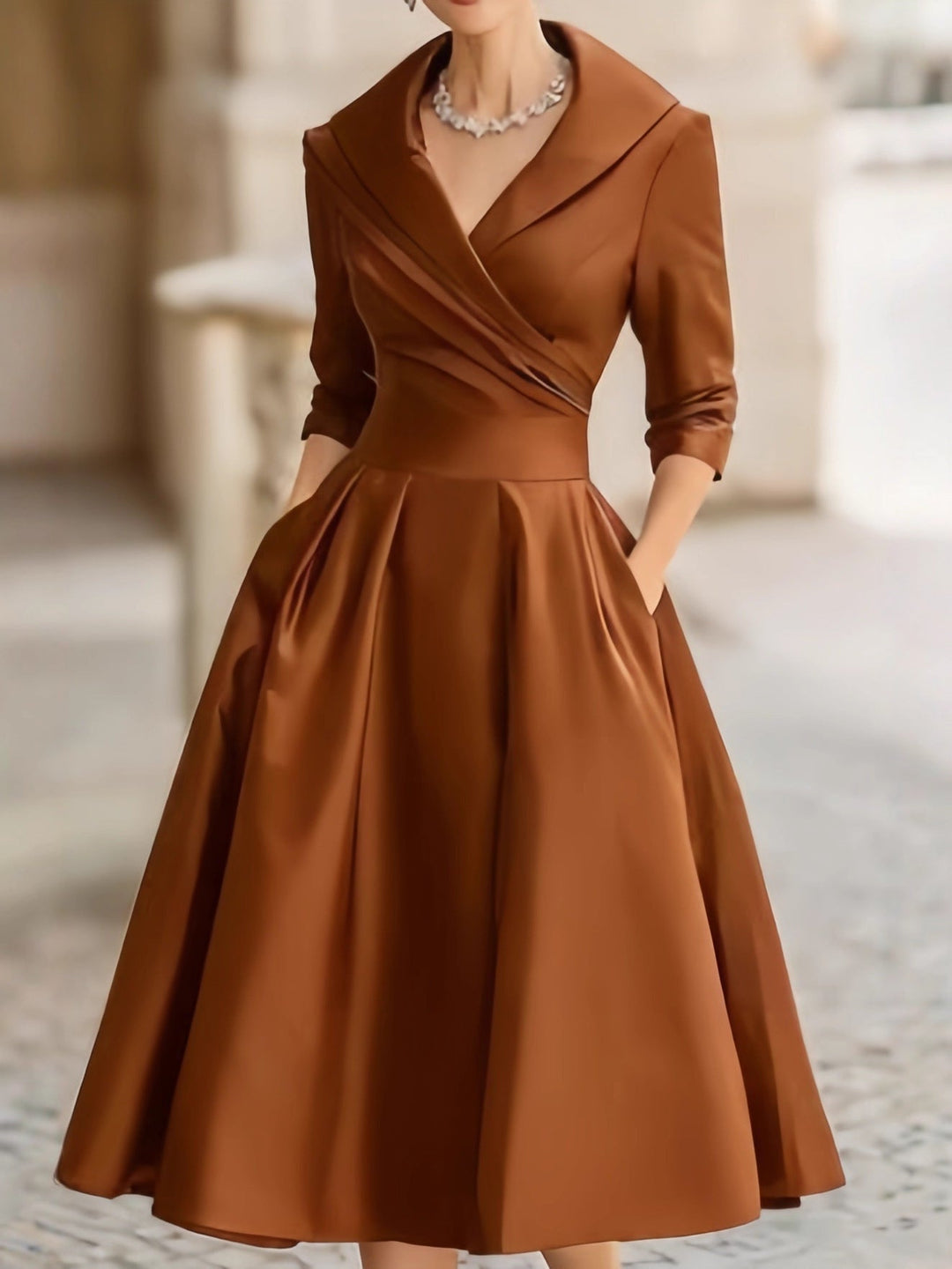 Elegant A-Line Midi Dress with Wrap Bodice and Full Skirt