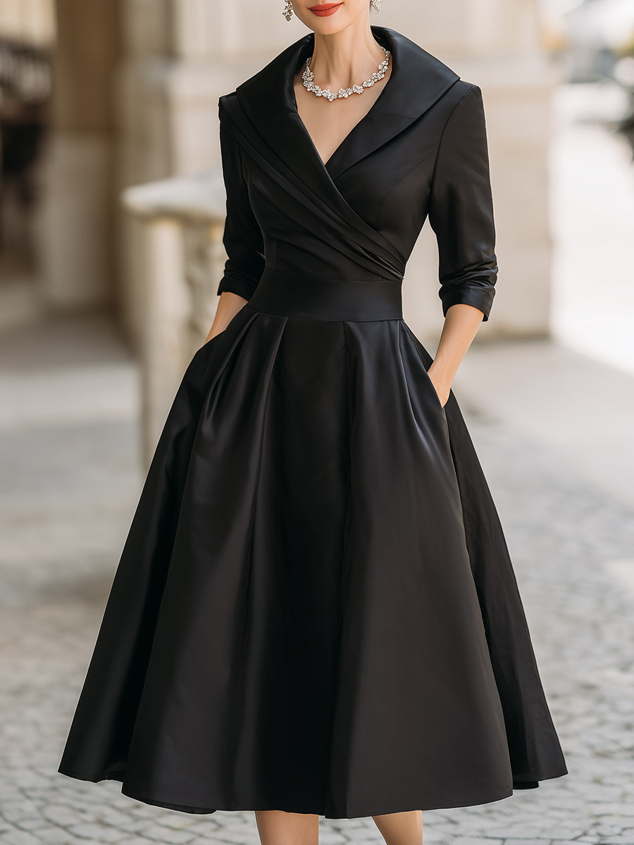 Elegant A-Line Midi Dress with Wrap Bodice and Full Skirt
